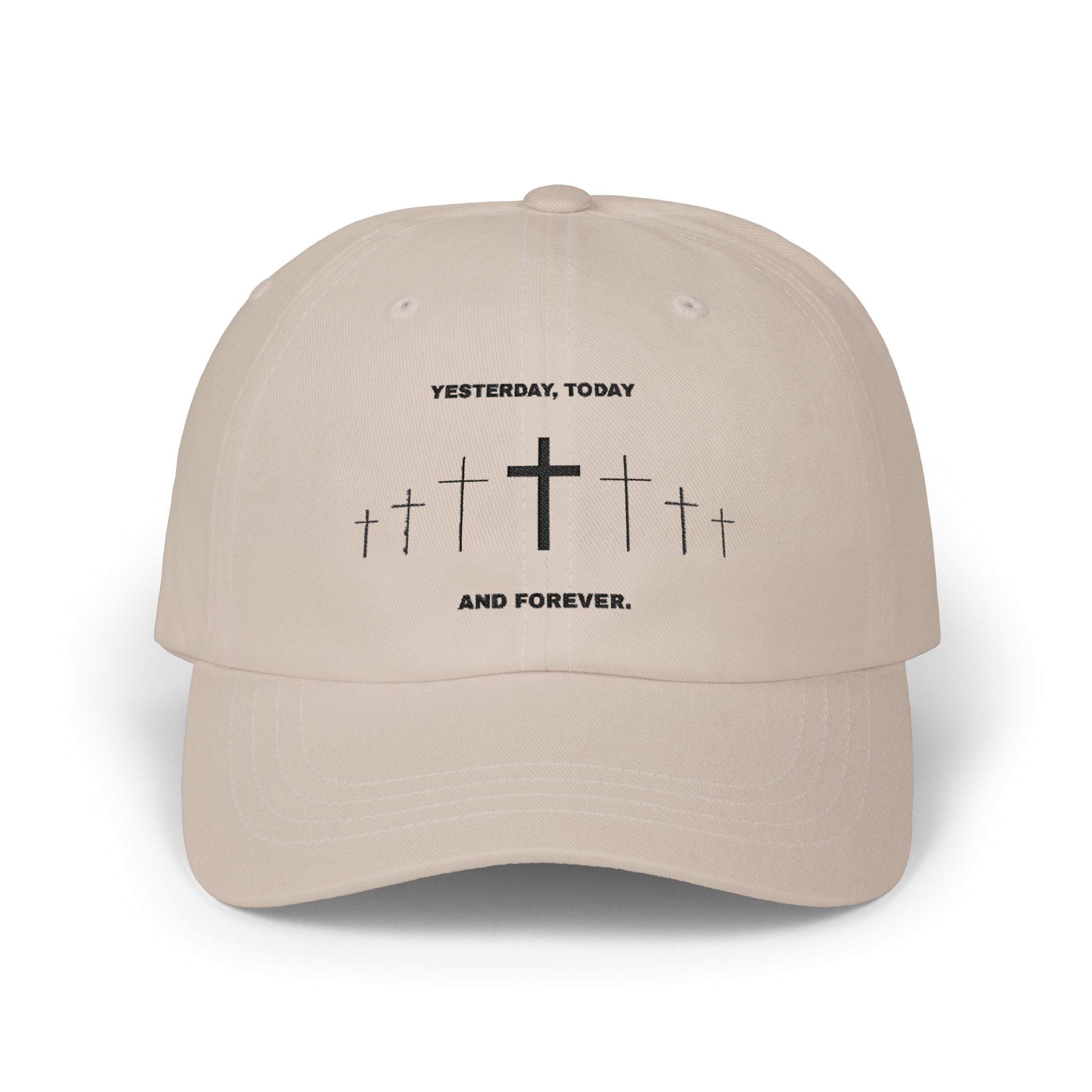Christian Cross Dad Cap – “Yesterday, Today and Forever” Embroidered Baseball Hat