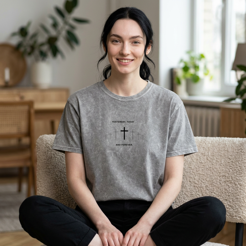Mineral Wash T‑Shirt — Subtle Cross Chest Print, Faith Graphic Tee