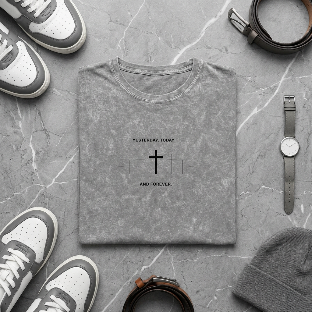 Mineral Wash T‑Shirt — Subtle Cross Chest Print, Faith Graphic Tee