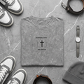 Mineral Wash T‑Shirt — Subtle Cross Chest Print, Faith Graphic Tee