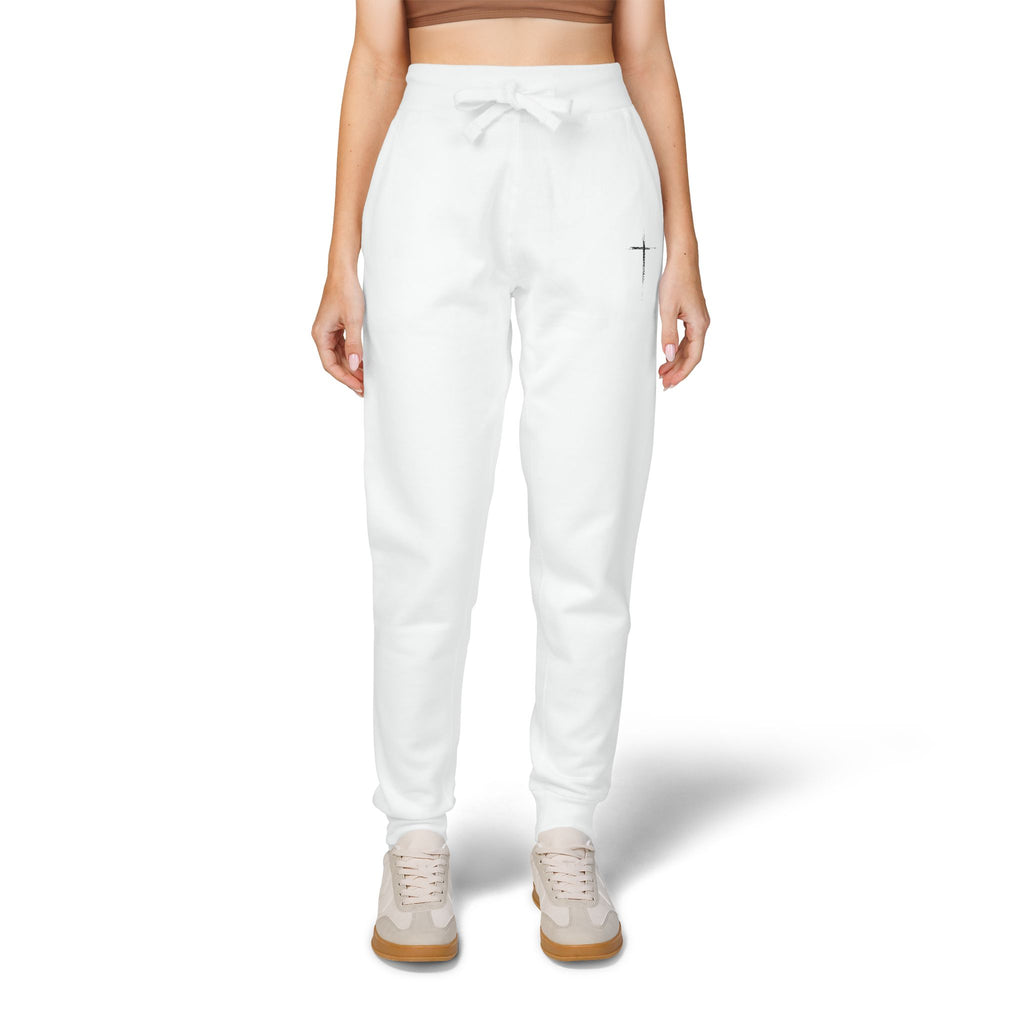 Embroidered Cross Fleece Sweatpants — White Cozy Joggers with Minimal Faith Design