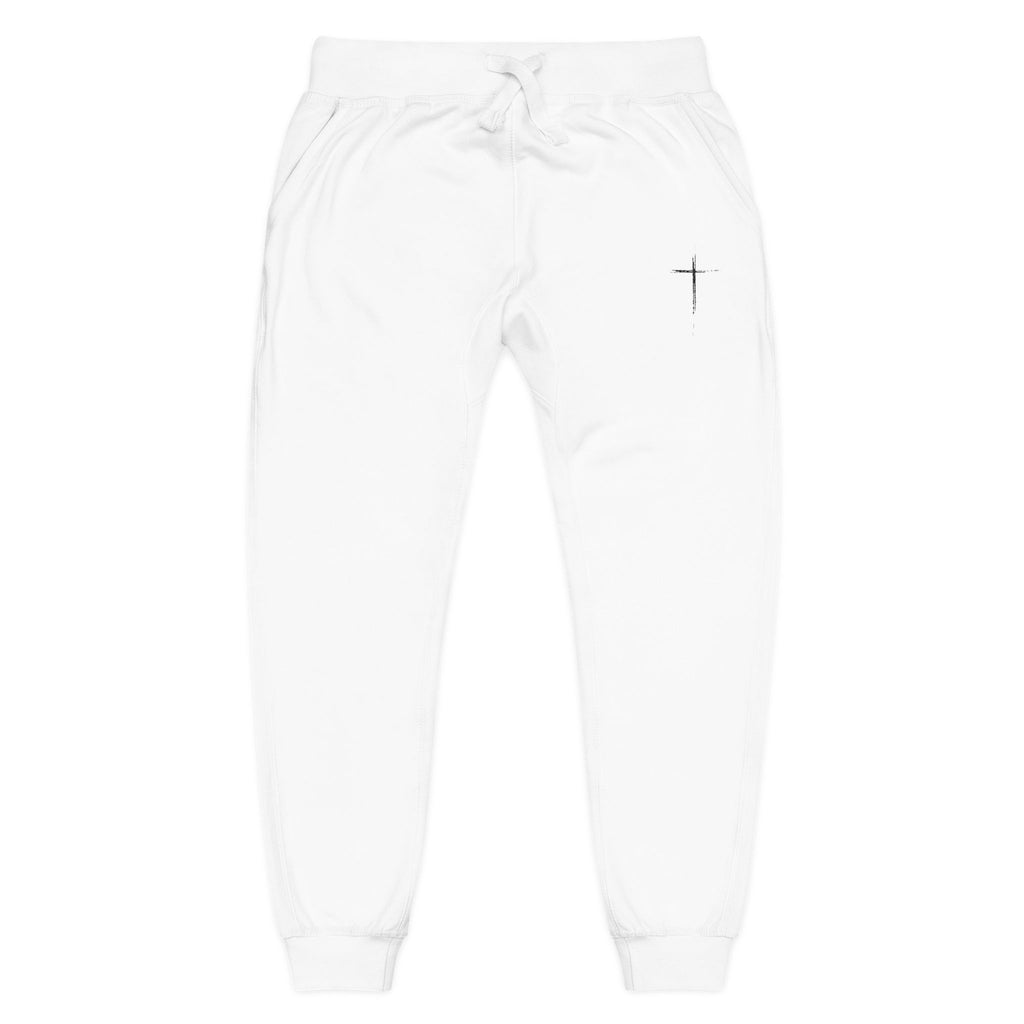 Embroidered Cross Fleece Sweatpants — White Cozy Joggers with Minimal Faith Design