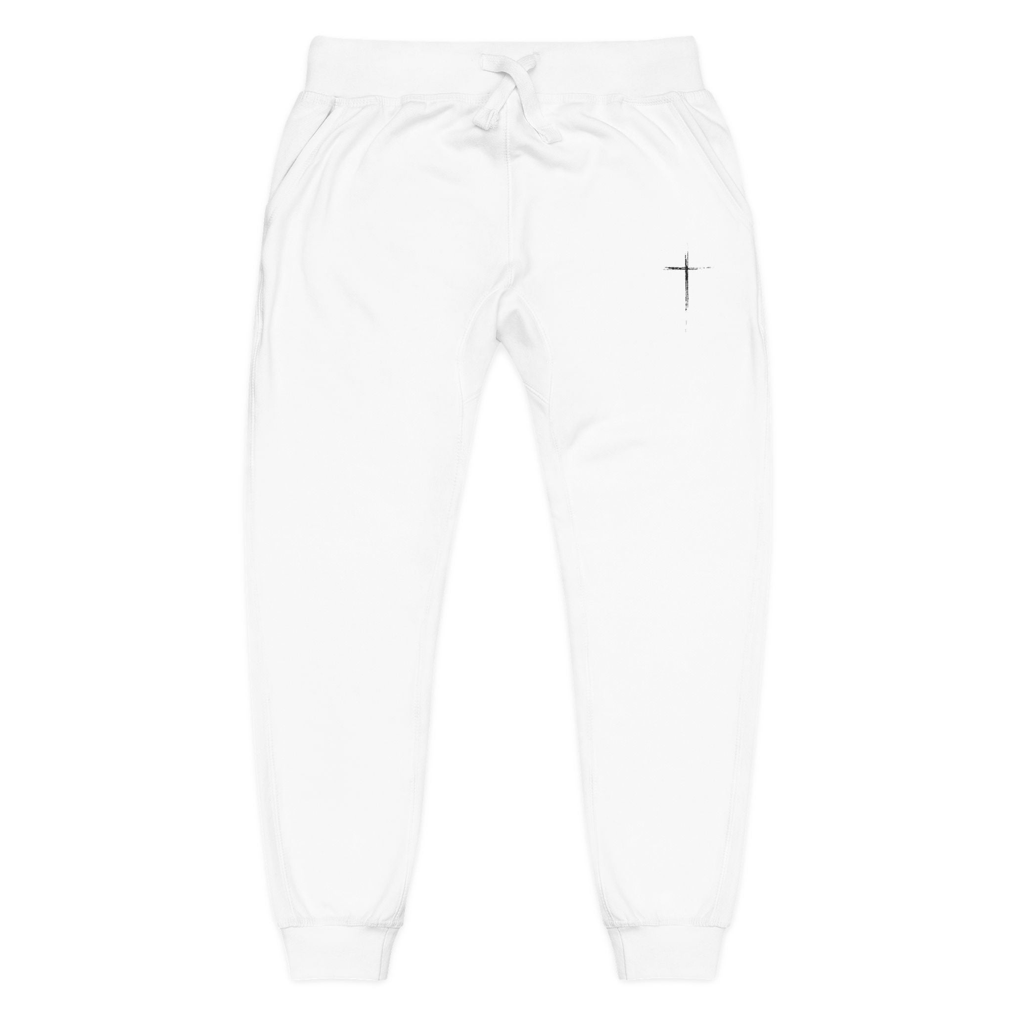 Embroidered Cross Fleece Sweatpants — White Cozy Joggers with Minimal Faith Design