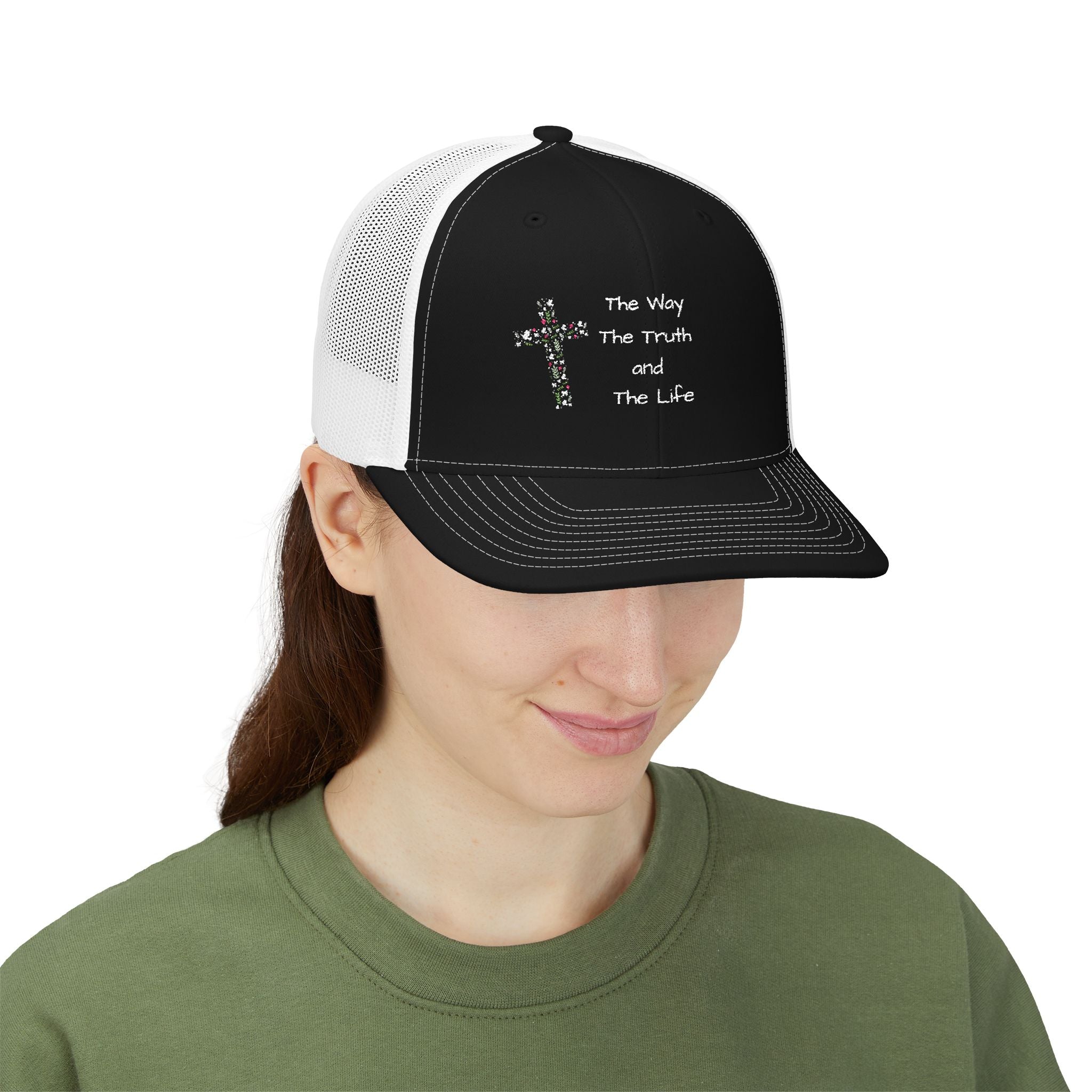 Religious Trucker Cap — “The Way The Truth and The Life” Cross Snapback